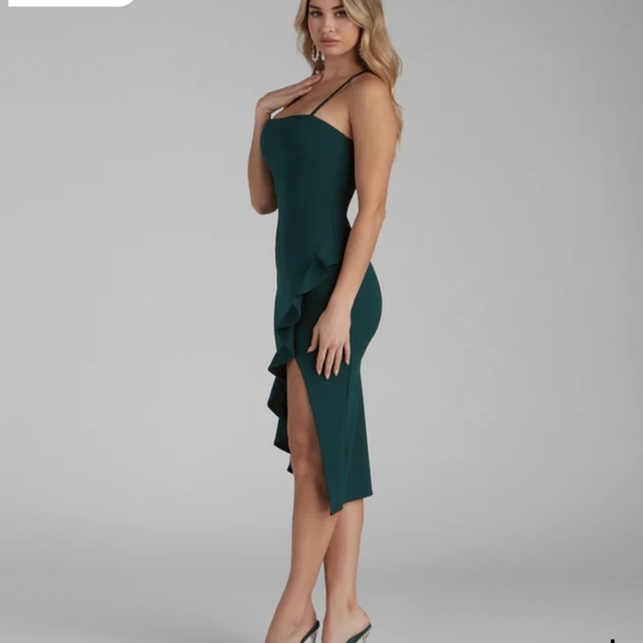 Hunter green add some flair ruffle midi dress - Picture 3 of 7